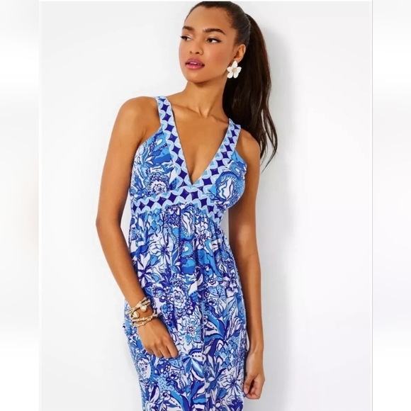 NWT Lilly Pulitzer Serena V-neck Maxi Dress Blue Tang Flocking Fabulous Size 10 - Picture 2 of 6